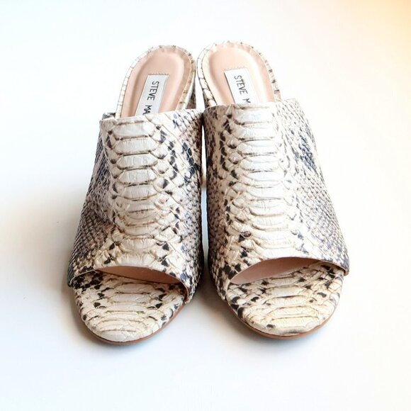 Steve Madden Cream & Black Esmeralda Snakeskin Peep Toe Mules / Slip On Sandals - Picture 13 of 16